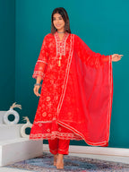 Embroidered & Bandhani Printed Kurta With Pant & Dupatta, Red - Hiral Fashion - Distacart