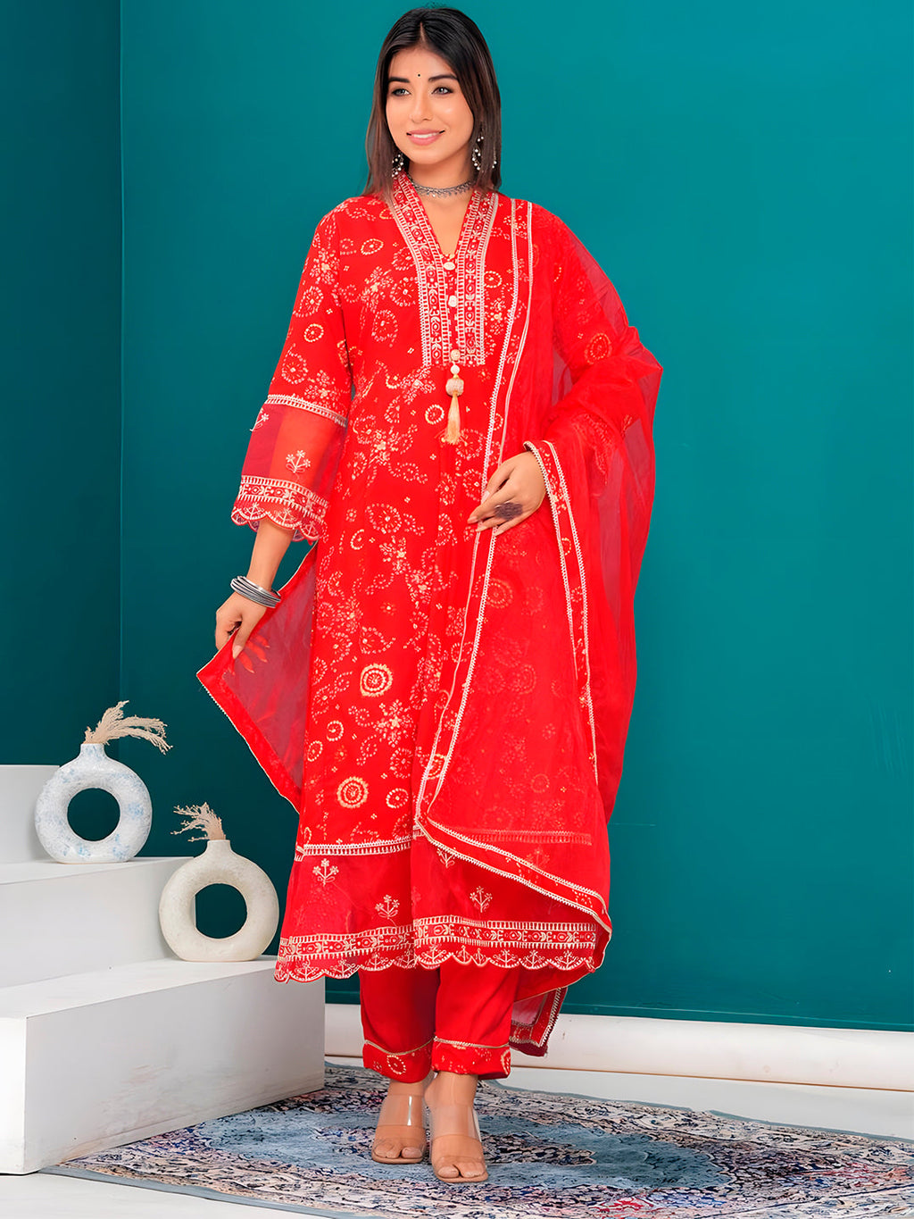 Embroidered & Bandhani Printed Kurta With Pant & Dupatta, Red - Hiral Fashion - Distacart
