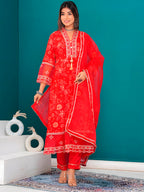 Embroidered & Bandhani Printed Kurta With Pant & Dupatta, Red - Hiral Fashion - Distacart