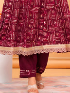 Embroidered & Bandhani Printed Kurta With Pant & Dupatta, Purple - Hiral Fashion