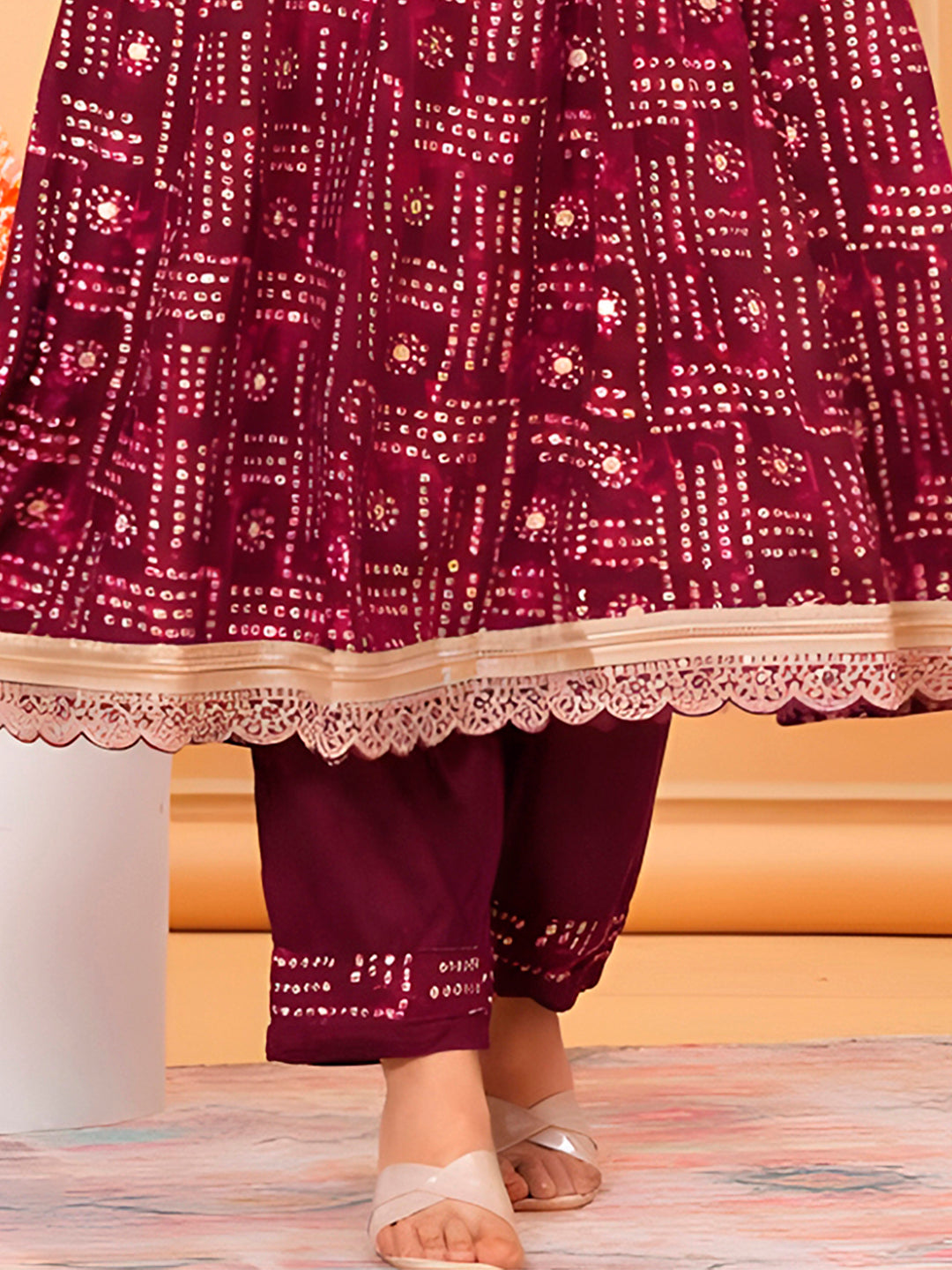 Embroidered & Bandhani Printed Kurta With Pant & Dupatta, Purple - Hiral Fashion