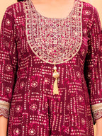 Embroidered & Bandhani Printed Kurta With Pant & Dupatta, Purple - Hiral Fashion