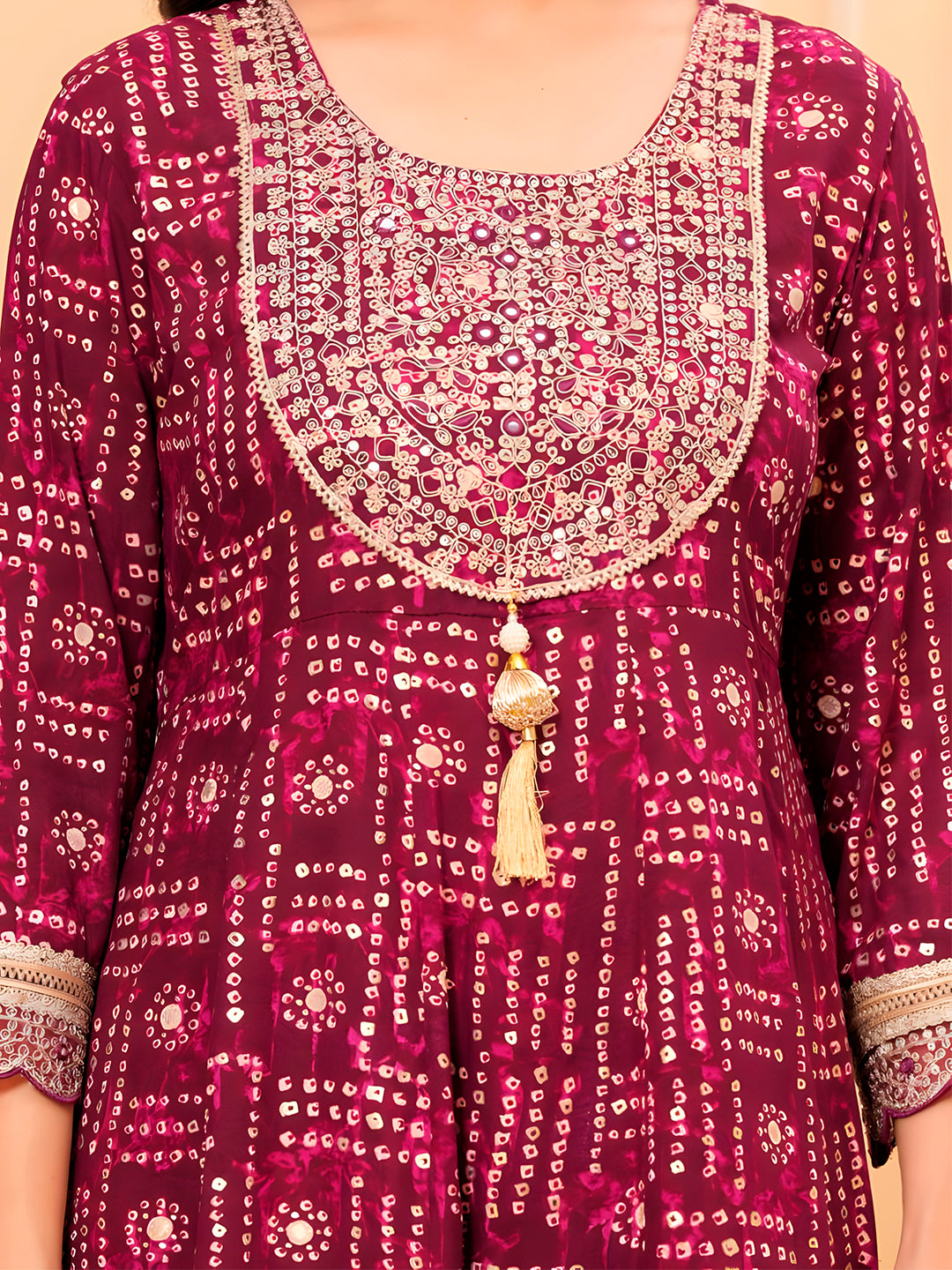 Embroidered & Bandhani Printed Kurta With Pant & Dupatta, Purple - Hiral Fashion
