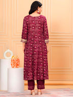 Embroidered & Bandhani Printed Kurta With Pant & Dupatta, Purple - Hiral Fashion