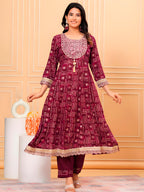 Embroidered & Bandhani Printed Kurta With Pant & Dupatta, Purple - Hiral Fashion