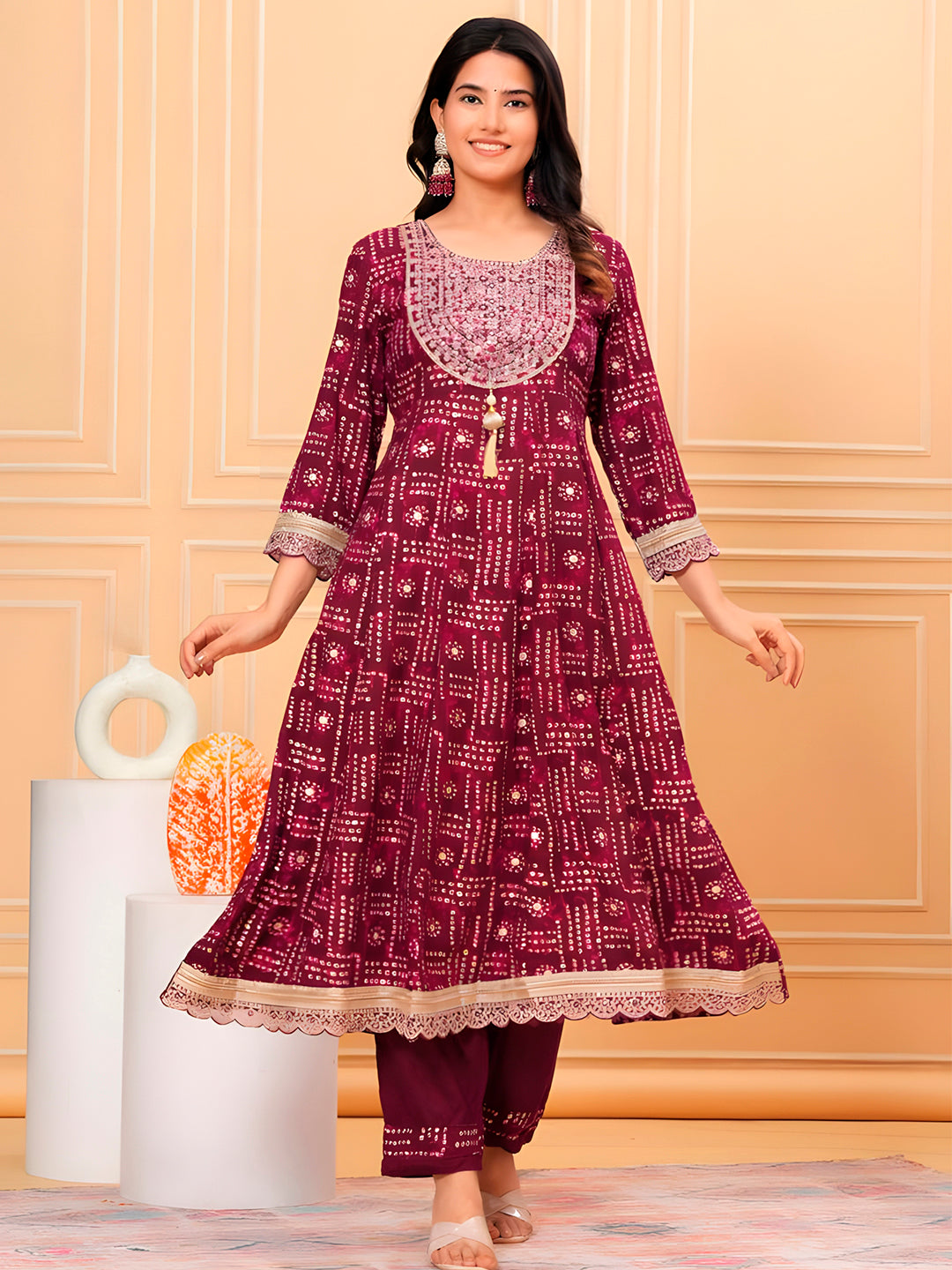 Embroidered & Bandhani Printed Kurta With Pant & Dupatta, Purple - Hiral Fashion