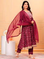 Embroidered & Bandhani Printed Kurta With Pant & Dupatta, Purple - Hiral Fashion