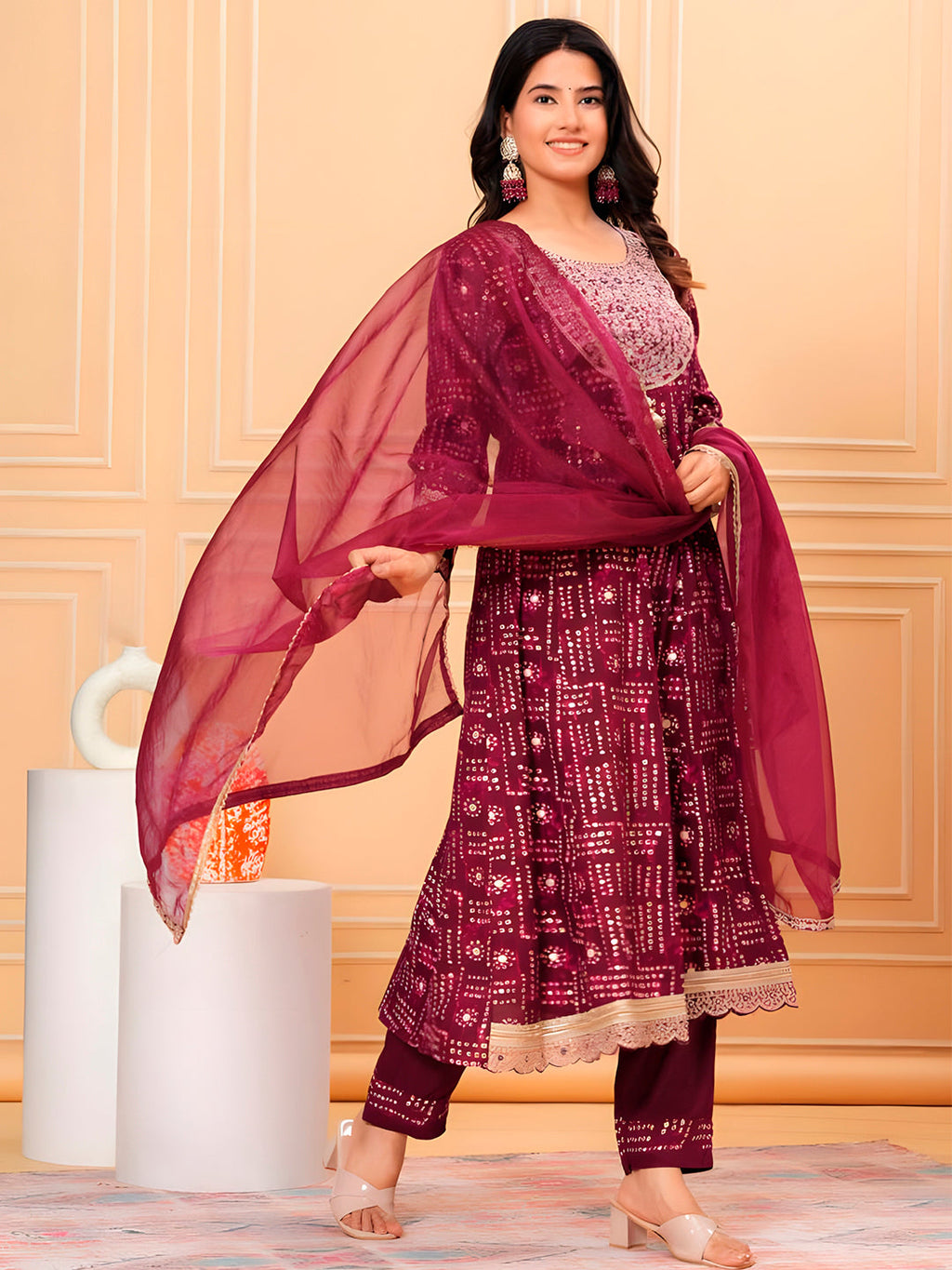 Embroidered & Bandhani Printed Kurta With Pant & Dupatta, Purple - Hiral Fashion