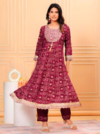 Embroidered & Bandhani Printed Kurta With Pant & Dupatta, Purple - Hiral Fashion