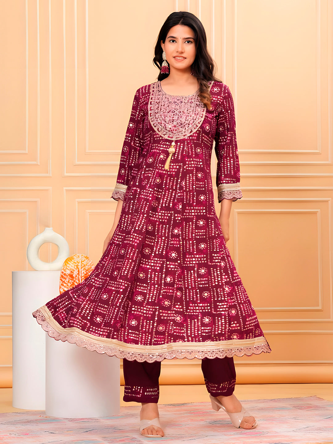Embroidered & Bandhani Printed Kurta With Pant & Dupatta, Purple - Hiral Fashion