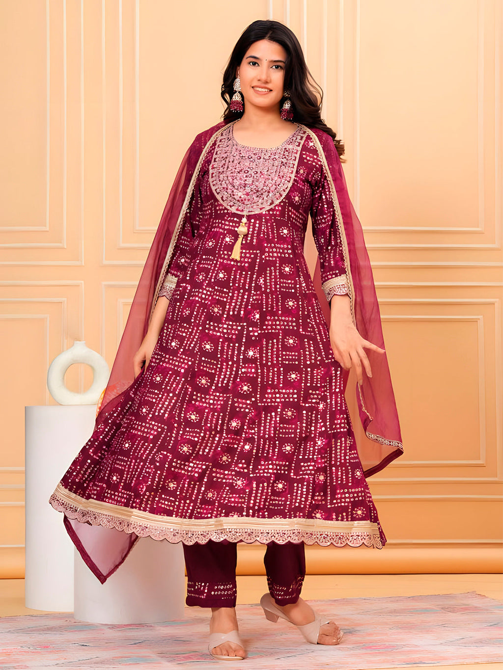 Embroidered & Bandhani Printed Kurta With Pant & Dupatta, Purple - Hiral Fashion