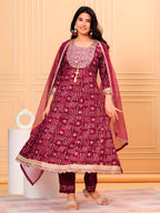 Embroidered & Bandhani Printed Kurta With Pant & Dupatta, Purple - Hiral Fashion