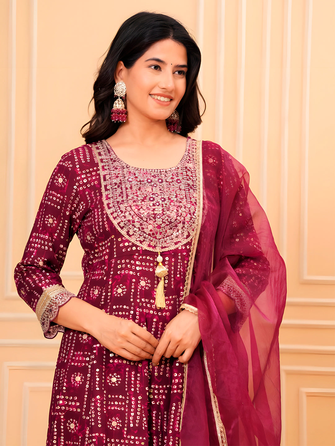 Embroidered & Bandhani Printed Kurta With Pant & Dupatta, Purple - Hiral Fashion