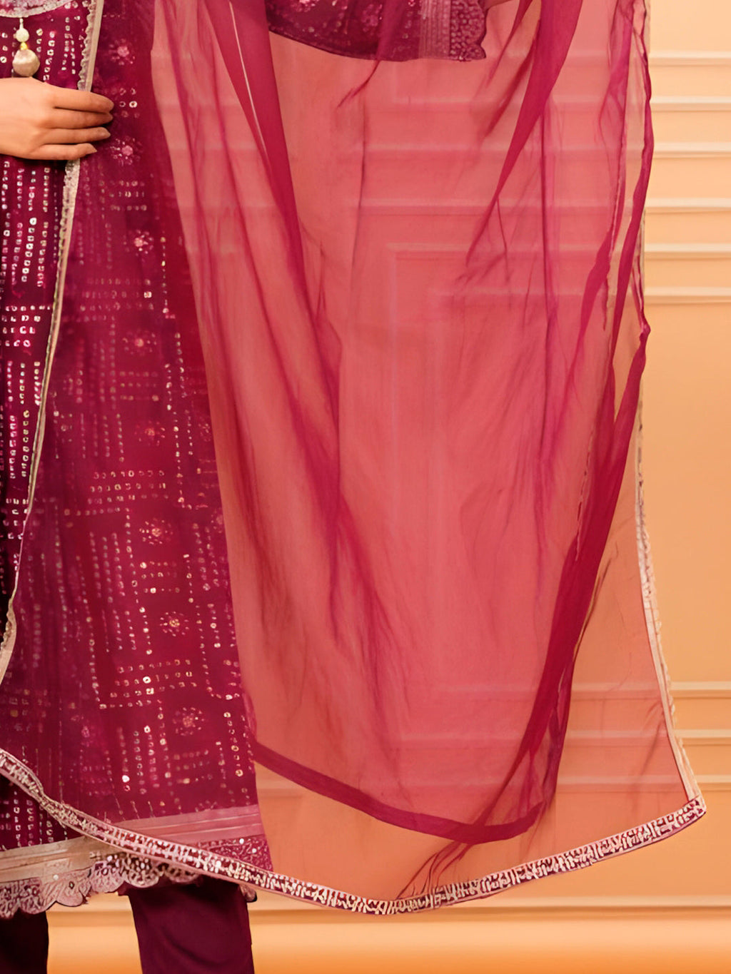 Embroidered & Bandhani Printed Kurta With Pant & Dupatta, Purple - Hiral Fashion