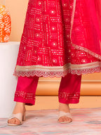 Embroidered & Bandhani Printed Kurta With Pant & Dupatta, Pink - Hiral Fashion - Distacart