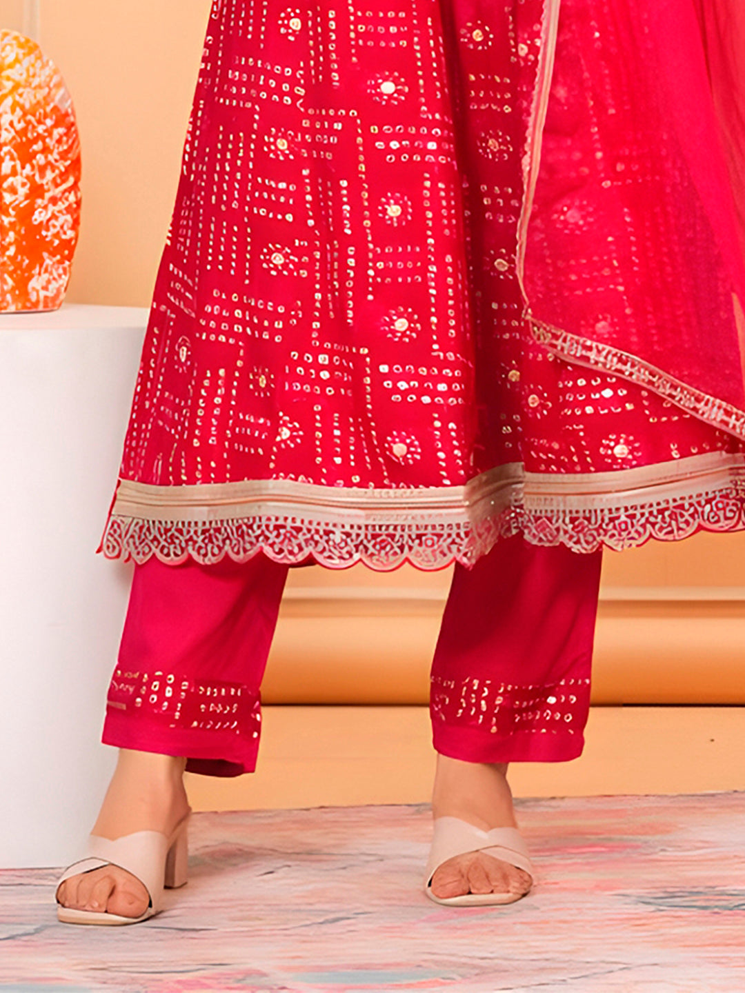 Embroidered & Bandhani Printed Kurta With Pant & Dupatta, Pink - Hiral Fashion - Distacart