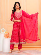 Embroidered & Bandhani Printed Kurta With Pant & Dupatta, Pink - Hiral Fashion - Distacart