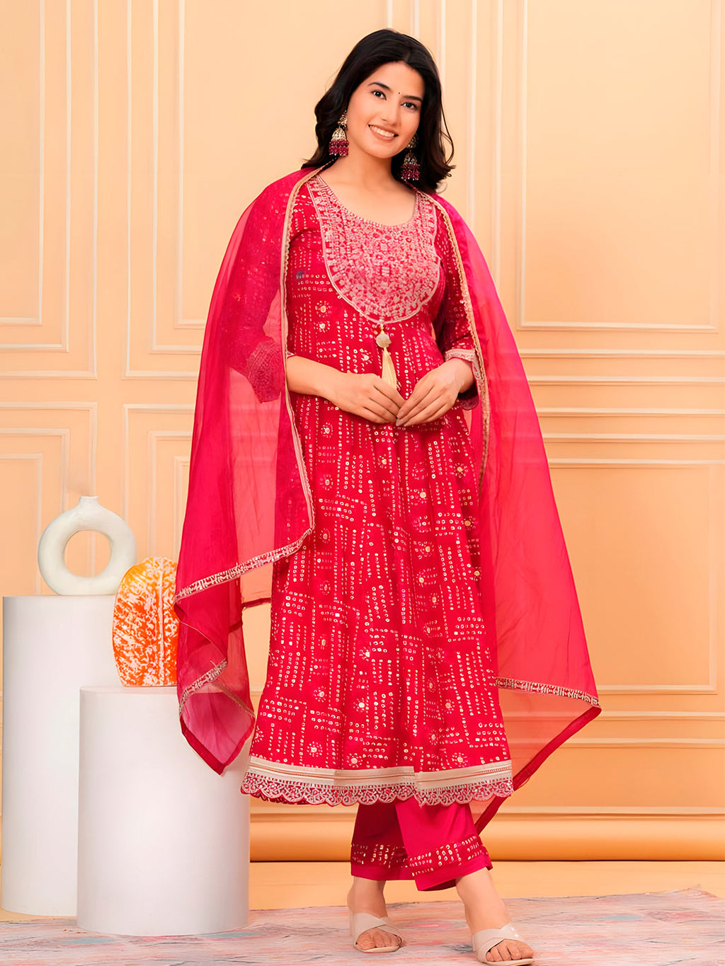 Embroidered & Bandhani Printed Kurta With Pant & Dupatta, Pink - Hiral Fashion - Distacart