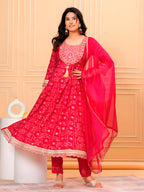 Embroidered & Bandhani Printed Kurta With Pant & Dupatta, Pink - Hiral Fashion - Distacart