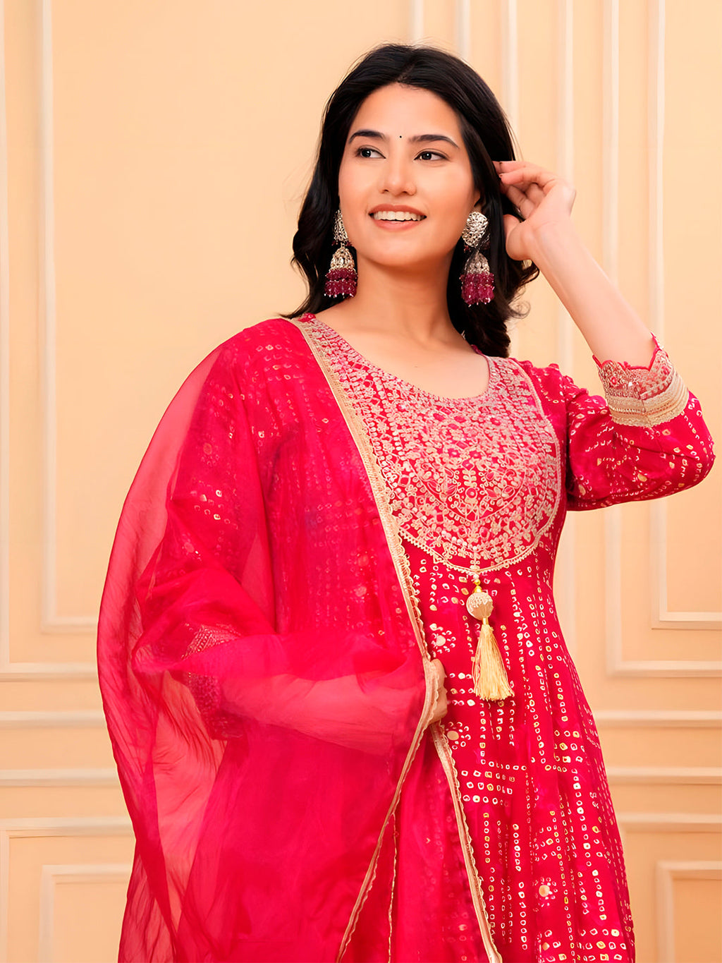 Embroidered & Bandhani Printed Kurta With Pant & Dupatta, Pink - Hiral Fashion - Distacart