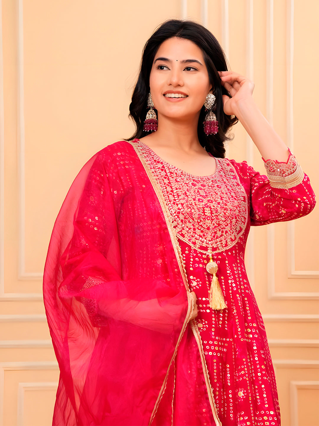 Embroidered & Bandhani Printed Kurta With Pant & Dupatta, Pink - Hiral Fashion - Distacart