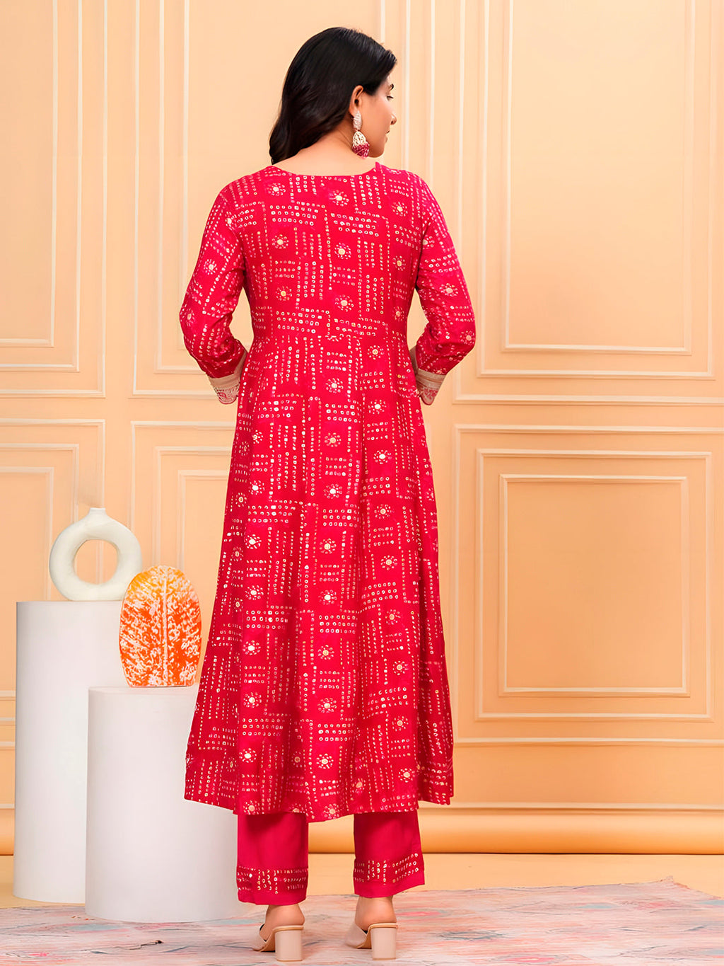 Embroidered & Bandhani Printed Kurta With Pant & Dupatta, Pink - Hiral Fashion - Distacart