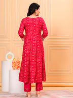 Embroidered & Bandhani Printed Kurta With Pant & Dupatta, Pink - Hiral Fashion - Distacart