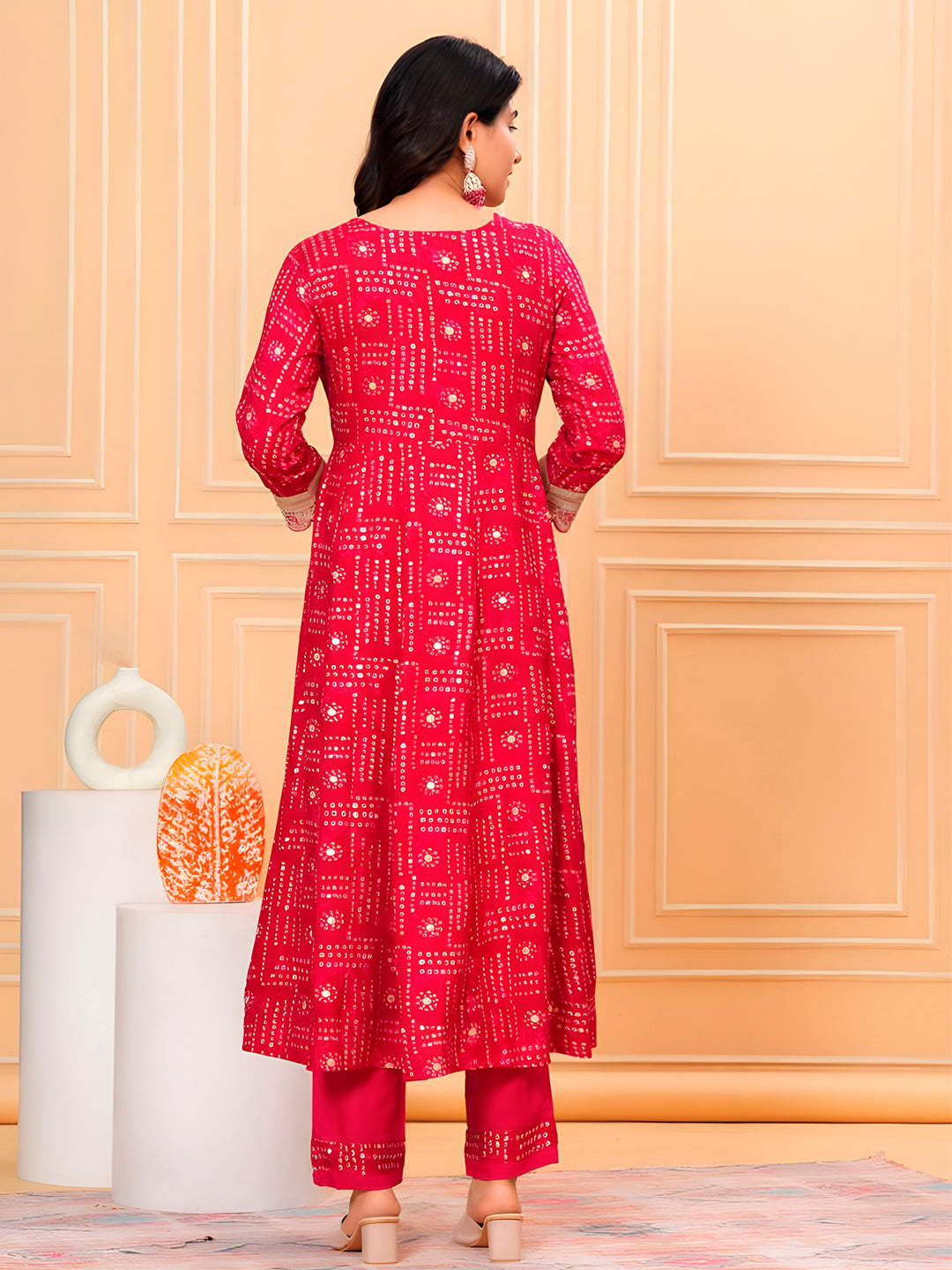 Embroidered & Bandhani Printed Kurta With Pant & Dupatta, Pink - Hiral Fashion - Distacart