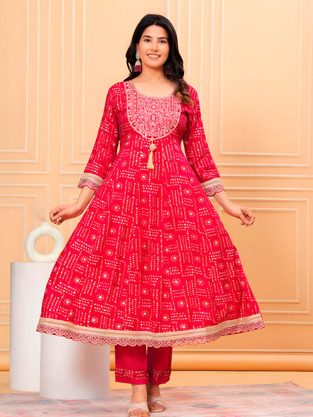 Embroidered & Bandhani Printed Kurta With Pant & Dupatta, Pink - Hiral Fashion - Distacart