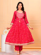 Embroidered & Bandhani Printed Kurta With Pant & Dupatta, Pink - Hiral Fashion - Distacart