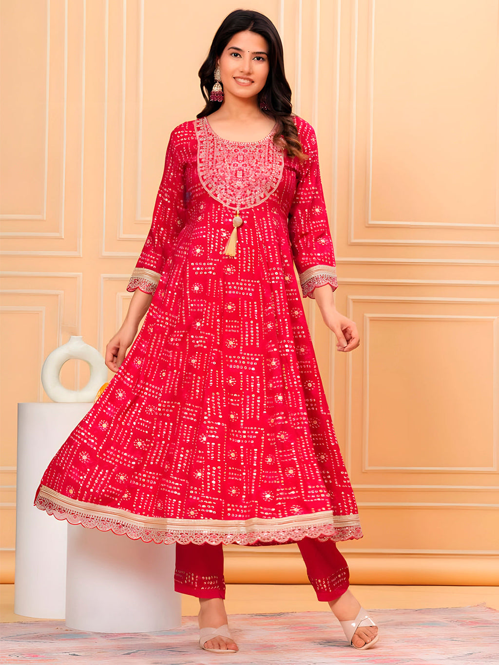 Embroidered & Bandhani Printed Kurta With Pant & Dupatta, Pink - Hiral Fashion - Distacart