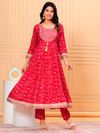 Embroidered & Bandhani Printed Kurta With Pant & Dupatta, Pink - Hiral Fashion - Distacart