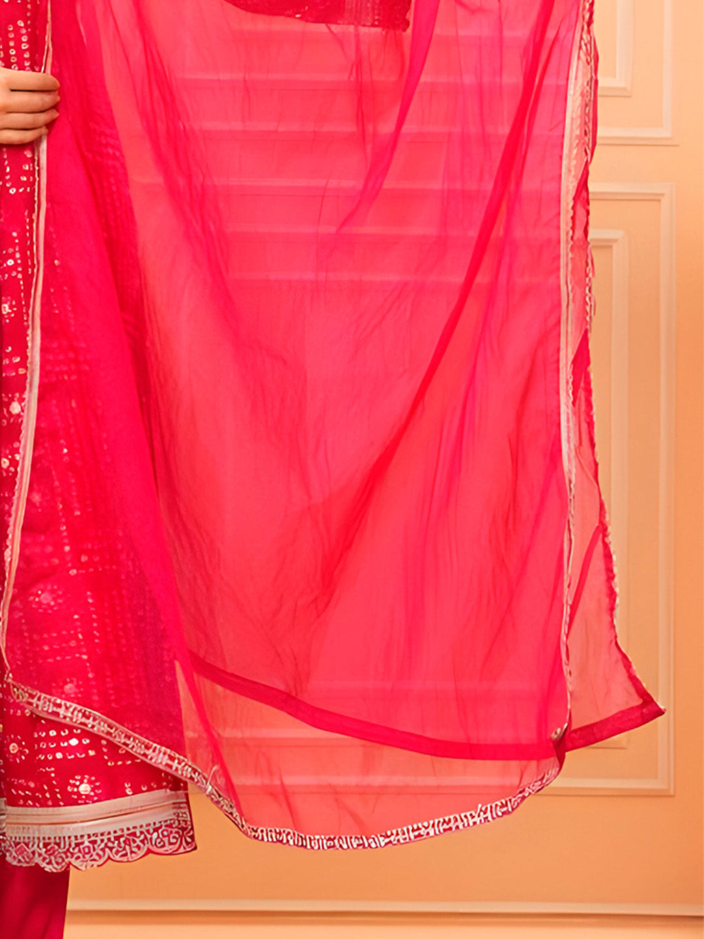 Embroidered & Bandhani Printed Kurta With Pant & Dupatta, Pink - Hiral Fashion - Distacart