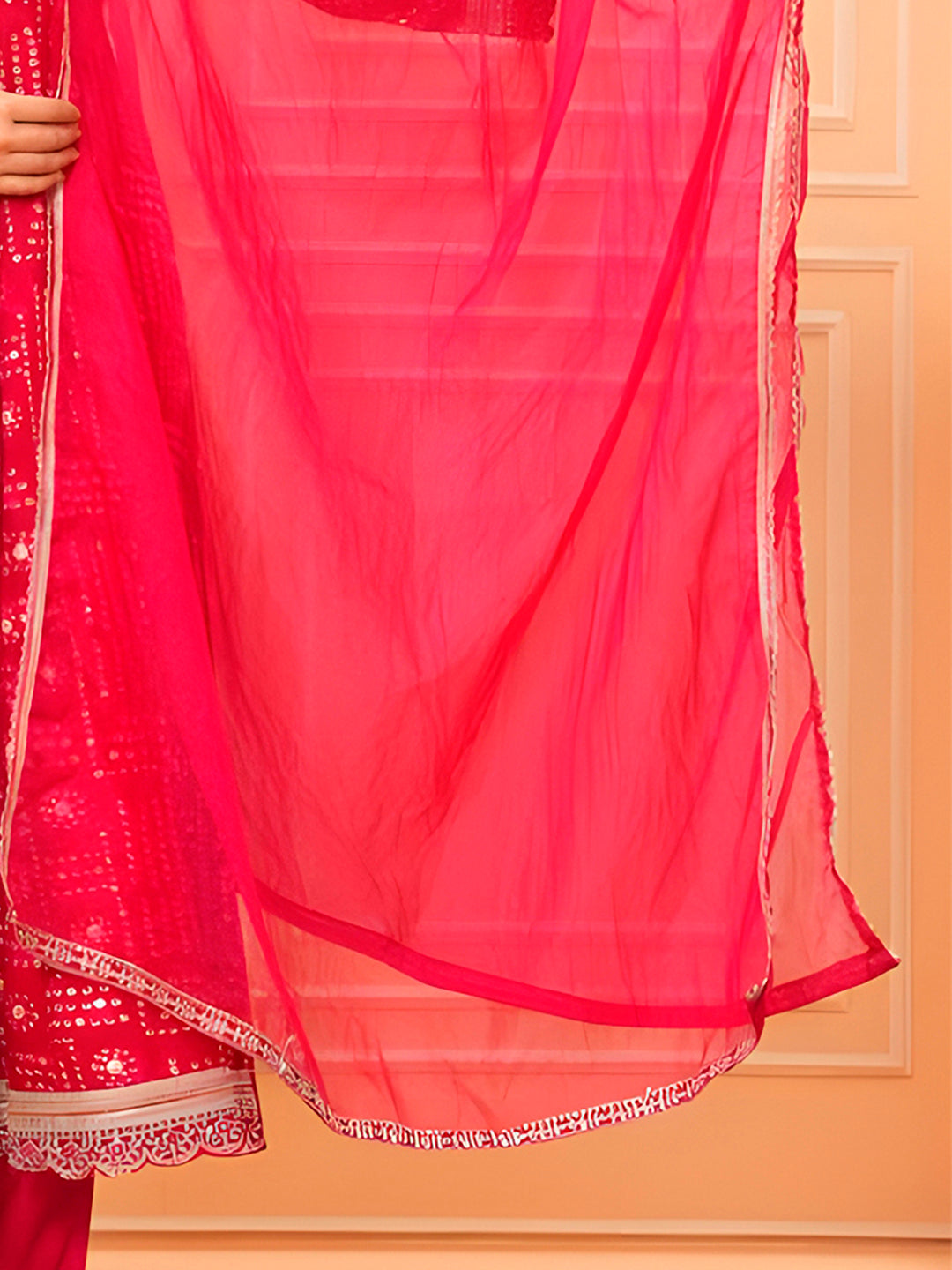 Embroidered & Bandhani Printed Kurta With Pant & Dupatta, Pink - Hiral Fashion - Distacart