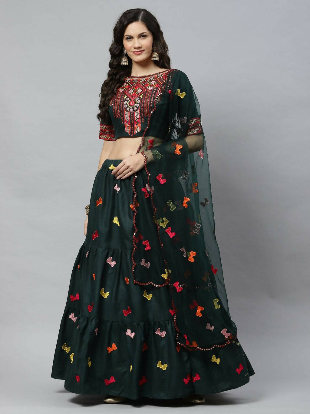 Dark Green Cotton Embroidered Work Lehenga Choli with Dupatta - Jivika