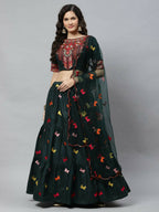 Dark Green Cotton Embroidered Work Lehenga Choli with Dupatta - Jivika