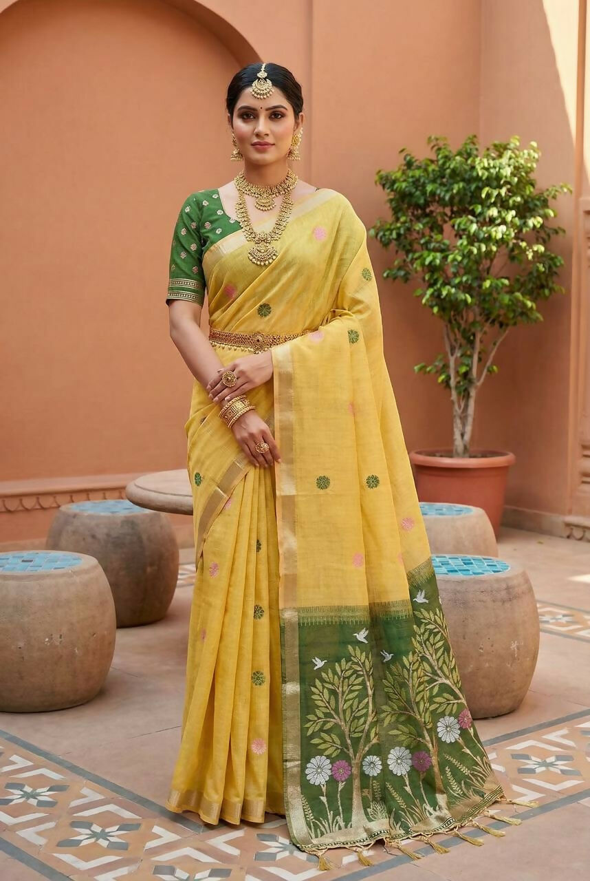 Vastranavya Yellow Muga Cotton Meenakari & Azarakh Pallu Saree with Contrast Blouse - Distacart