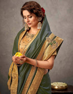 Moss Green Tusser Silk Resham, Cord And Sequins Embroidery, Handwork Butta Saree - Norita Arinya