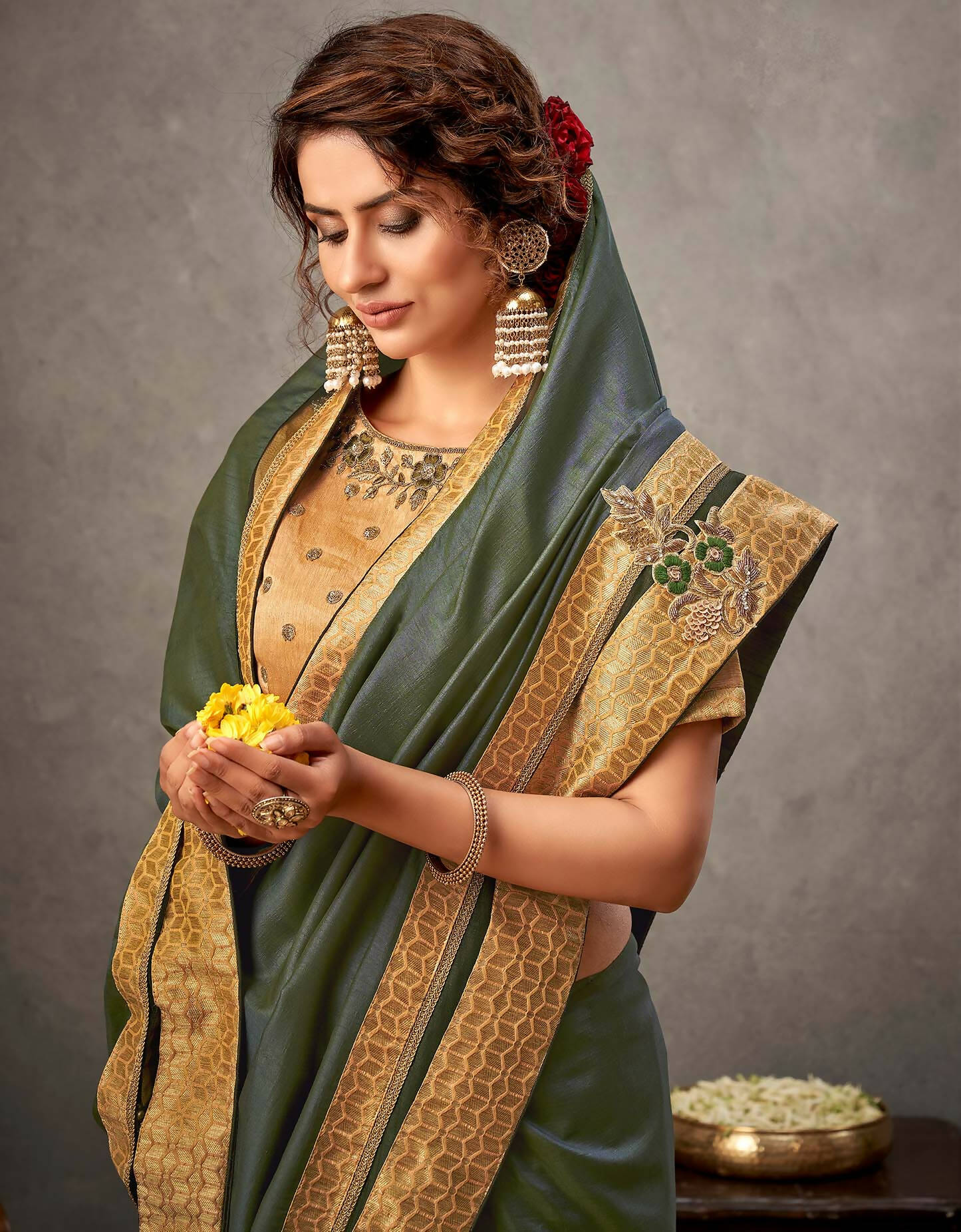 Moss Green Tusser Silk Resham, Cord And Sequins Embroidery, Handwork Butta Saree - Norita Arinya