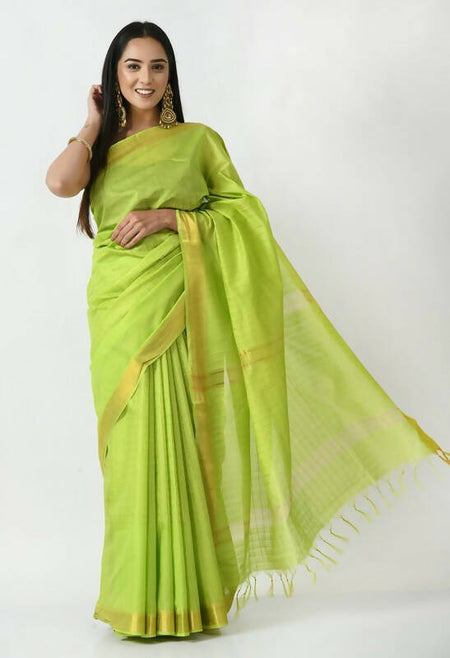 Mominos Fashion Moeza Parrot Green Bhagalpuri Handloom Silk Raj Shree Saree with unstitched Blouse piece