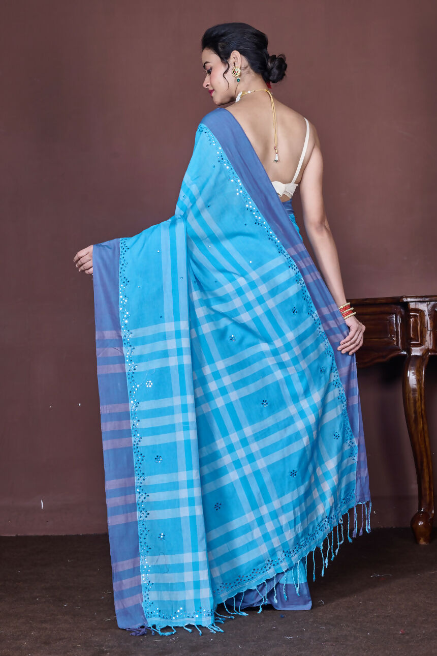 Morchari Blue Cotton Handloom Mirror Work Saree Unstitched Blouse - Distacart