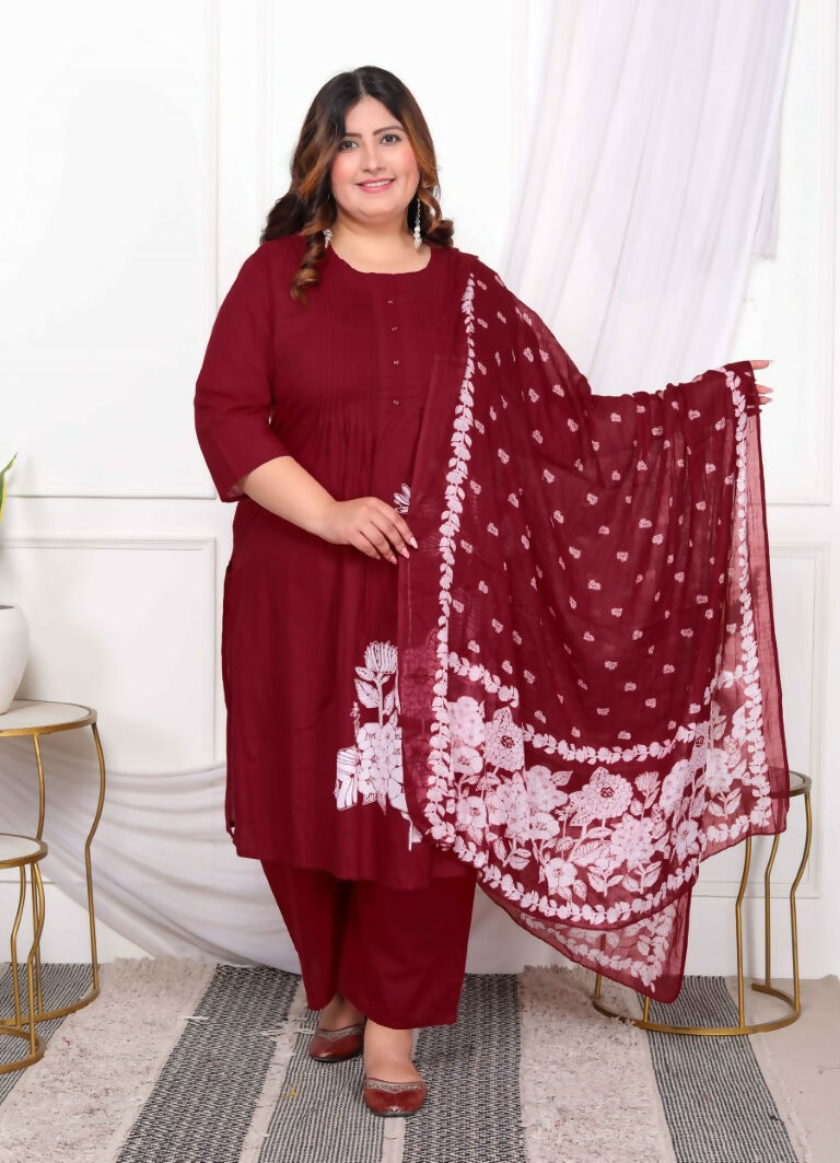 Miravan Women's Plus Size Wine Pintucks Cotton Floral Elegant Straight Kurta and Palazzo with Dupatta Set