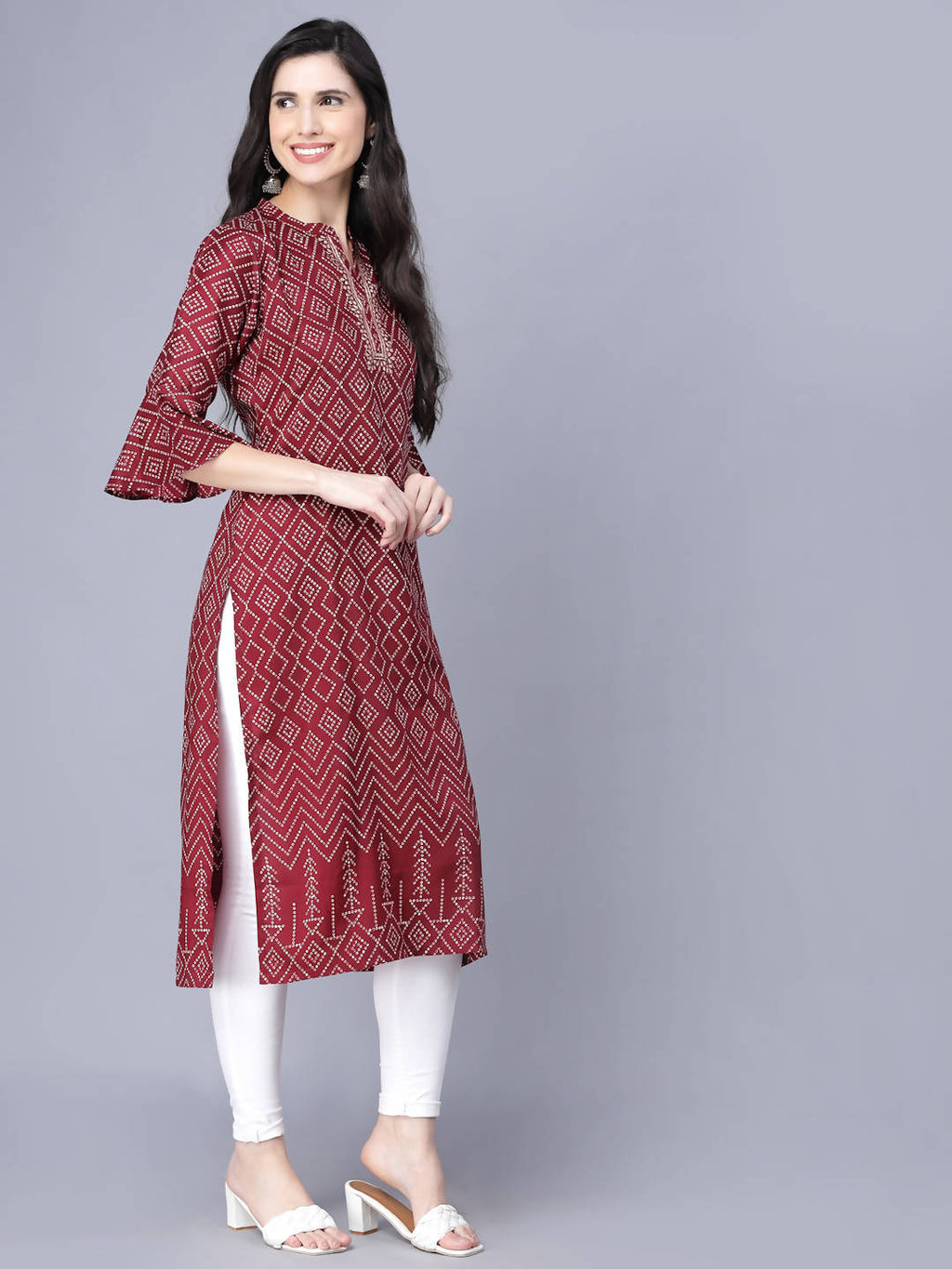 Myshka Silk Printed 3/4 Sleeve Round Maroon Women Kurta - Distacart