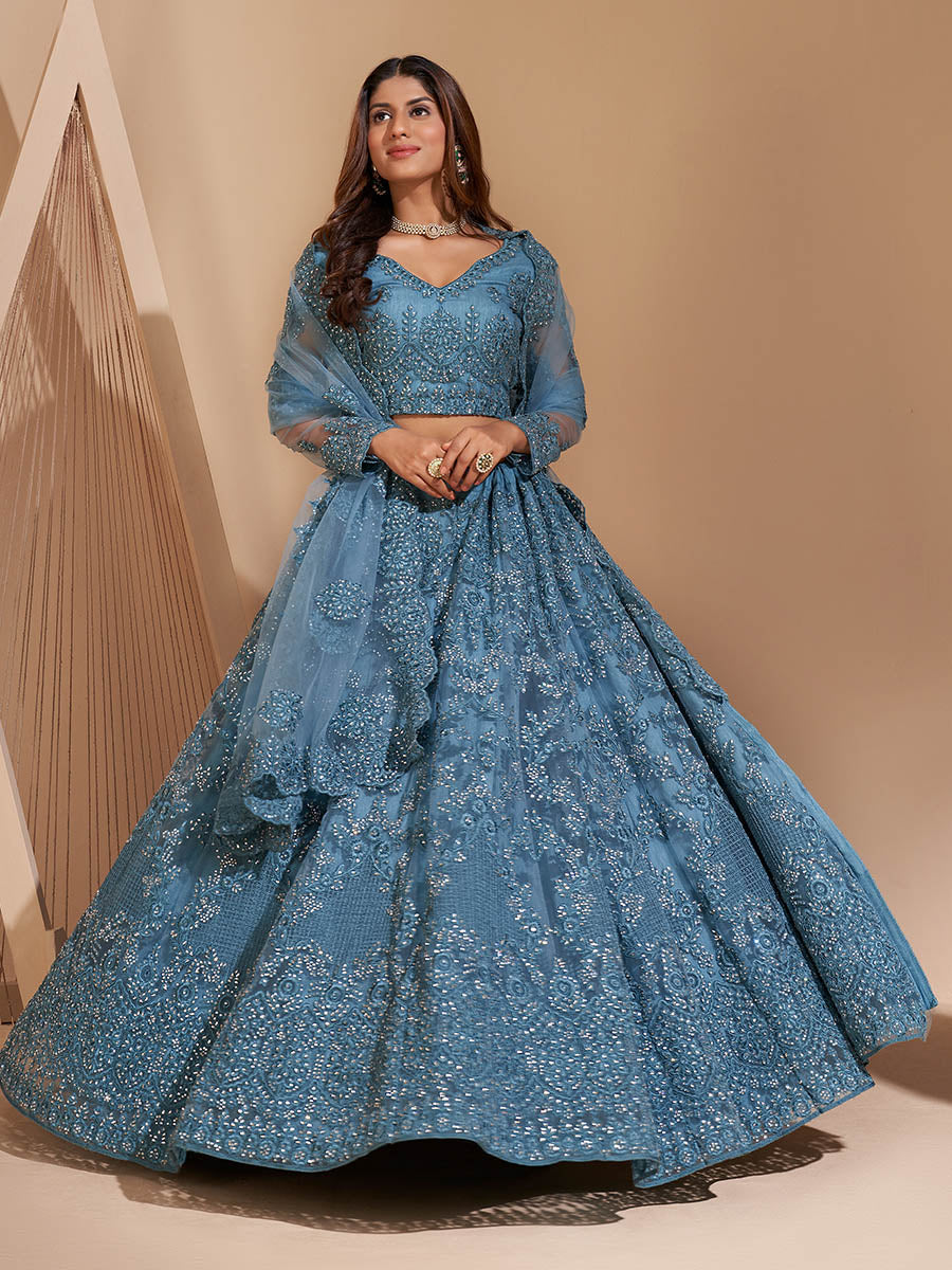 Myra Aqua Blue Heavy Embroidered Designer Lehenga