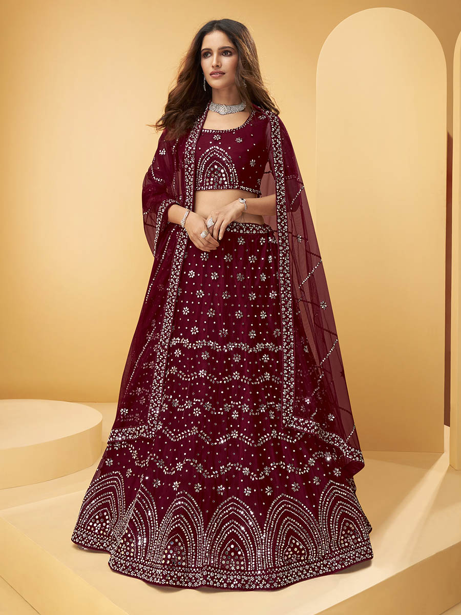 Myra Maroon Heavy Embroidered net Designer Lehenga