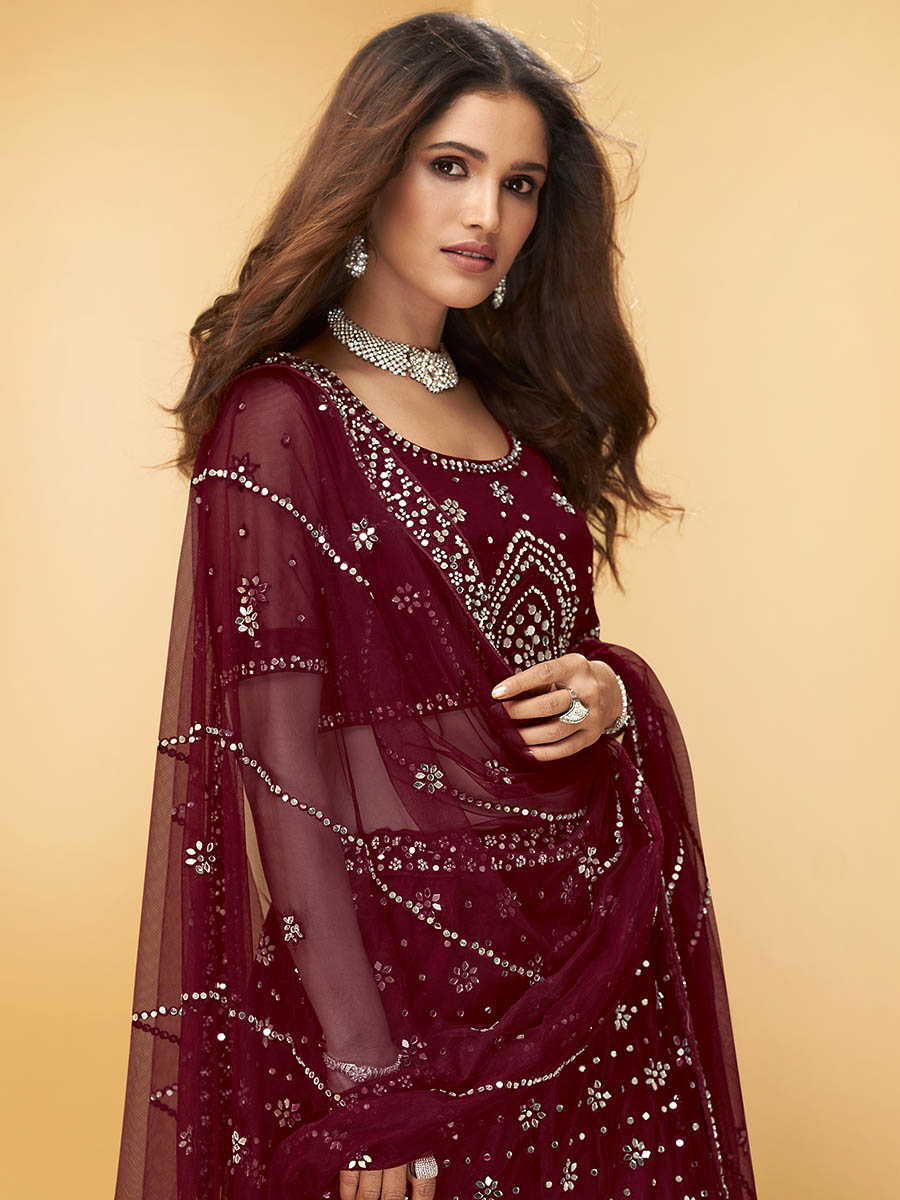 Myra Maroon Heavy Embroidered net Designer Lehenga