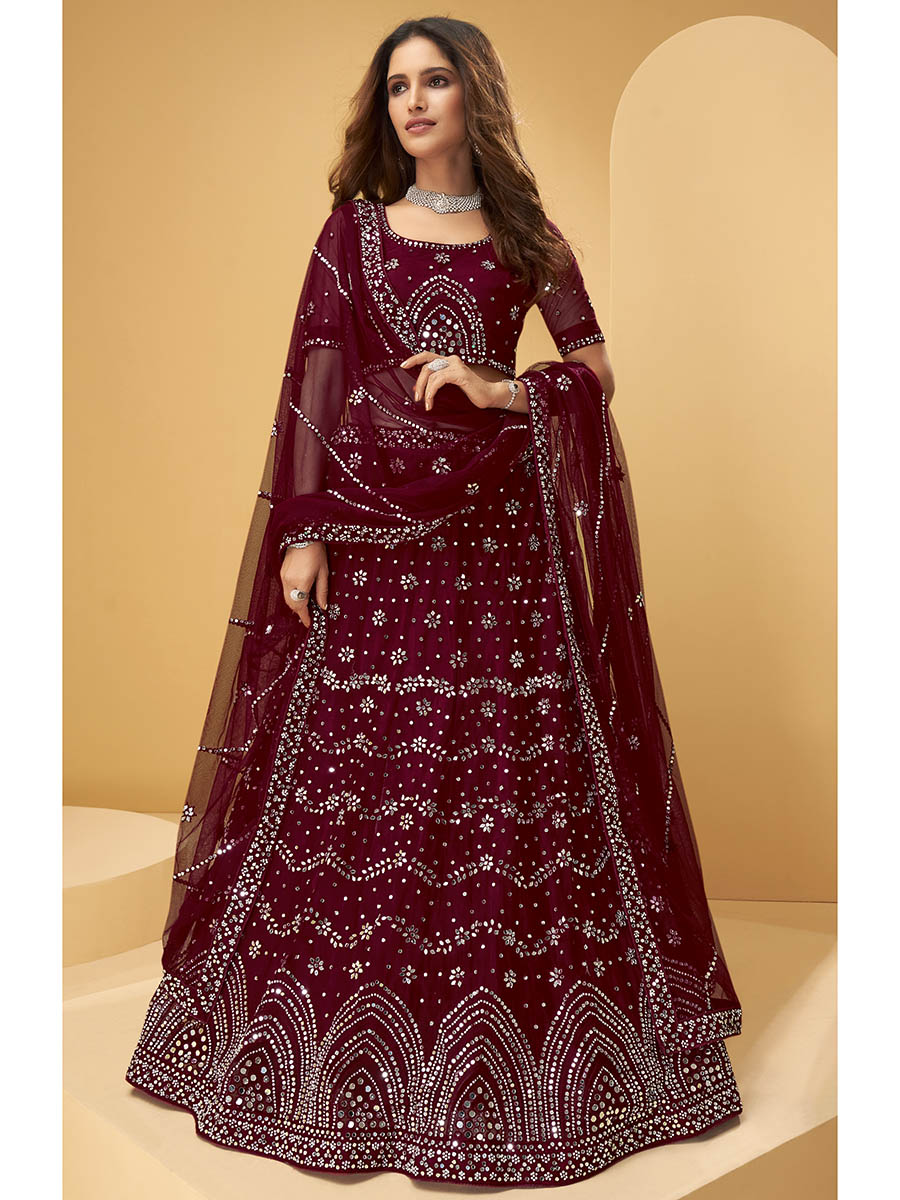 Myra Maroon Heavy Embroidered net Designer Lehenga