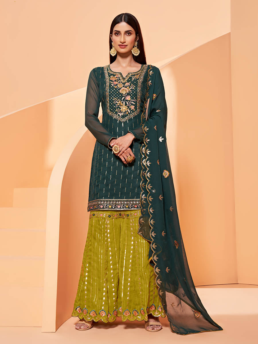 Myra Dark Green Heavy Embroidered Sharara Suit