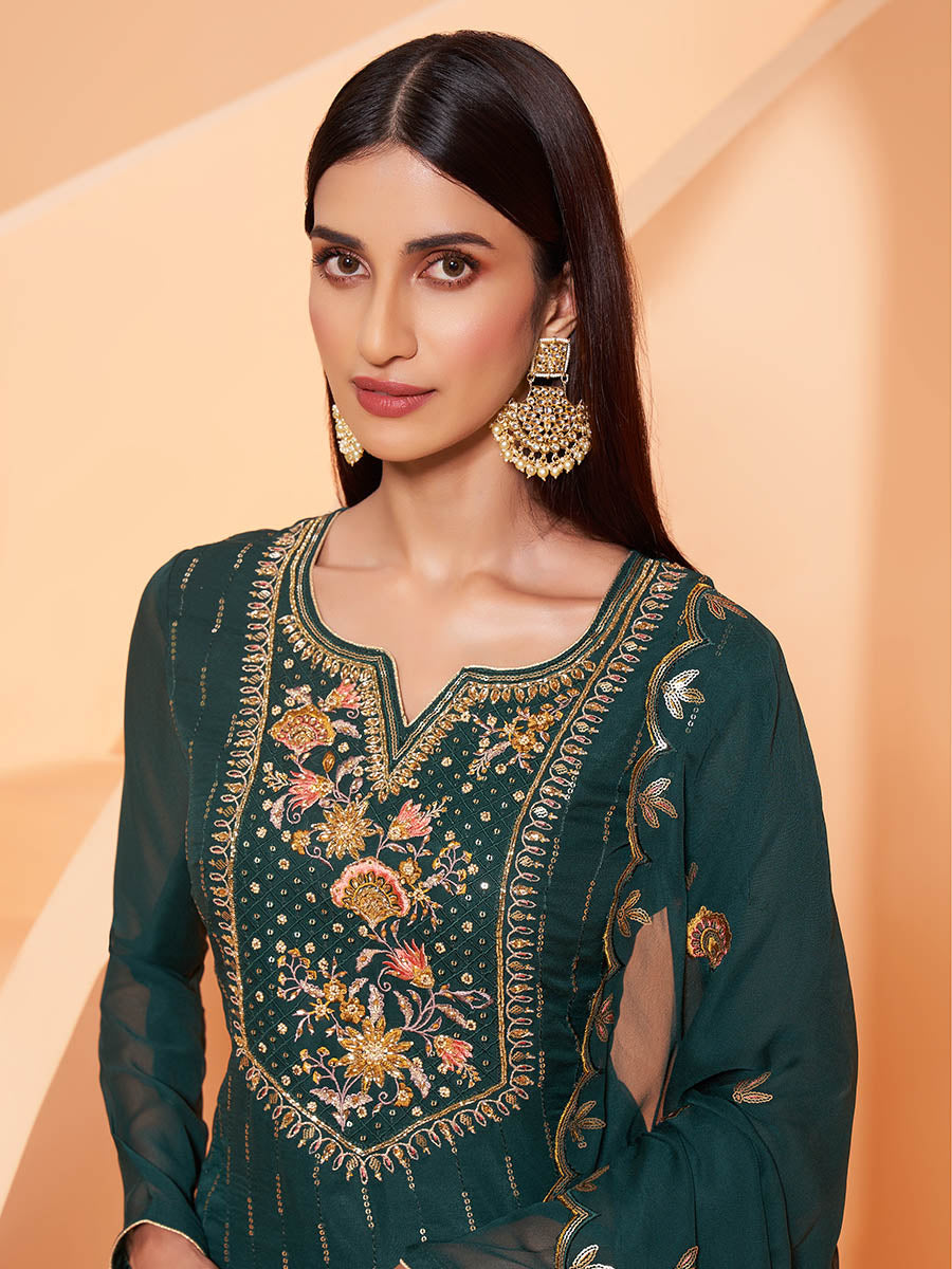 Myra Dark Green Heavy Embroidered Sharara Suit