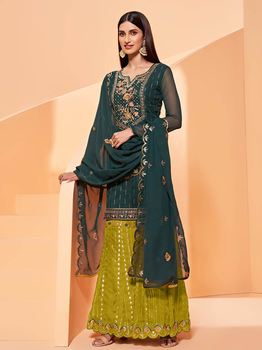 Myra Dark Green Heavy Embroidered Sharara Suit